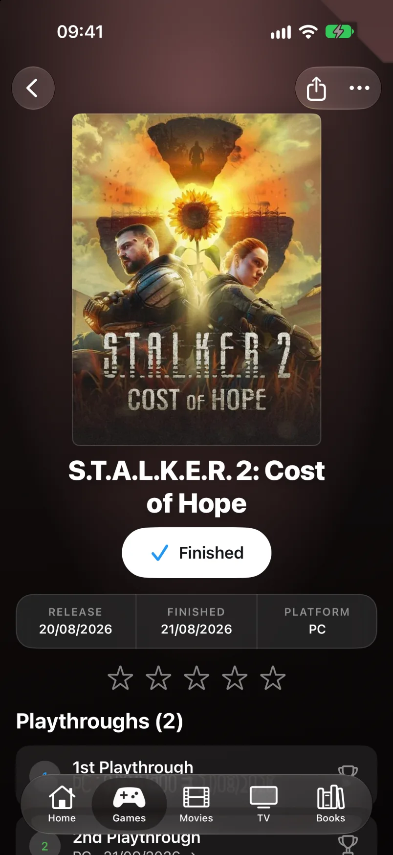 Title card for S.T.A.L.K.E.R. 2 with Finished status, dates and playthroughs