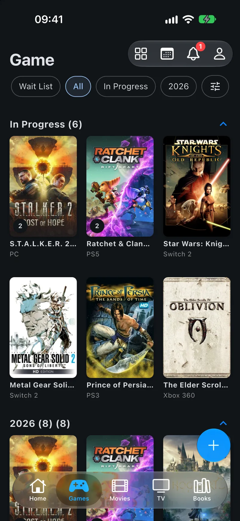 Games list with filters and In Progress section