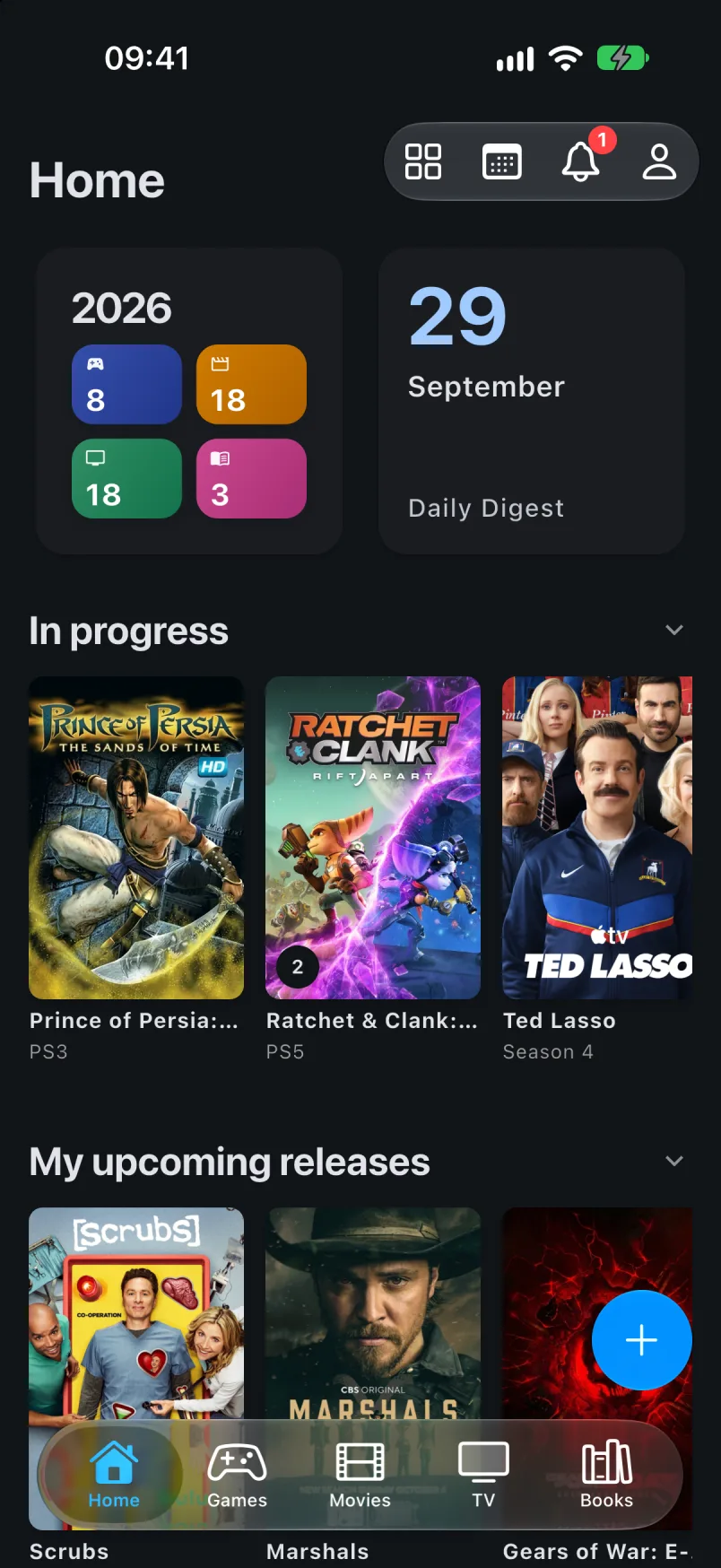 Media Shelves Home screen with year stats, Daily Digest and titles in progress
