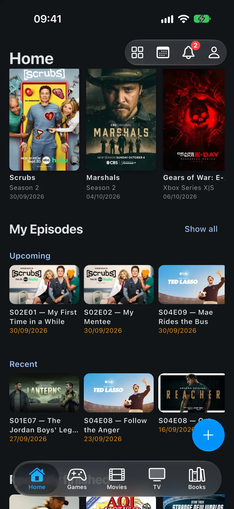 Home with upcoming and recent episodes